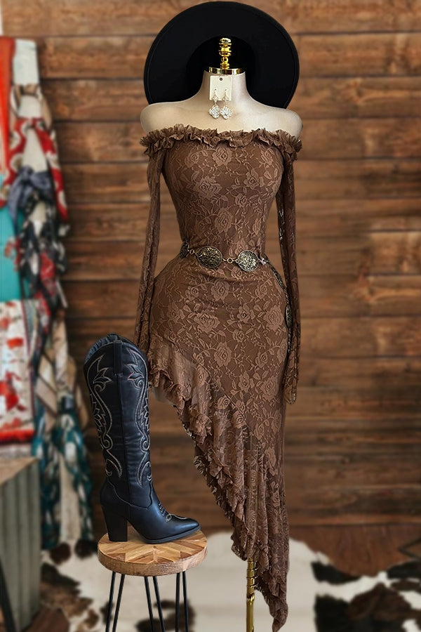 Off Shoulder Ruffled Lace Maxi Dress