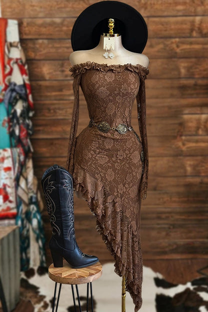 Off Shoulder Ruffled Lace Maxi Dress