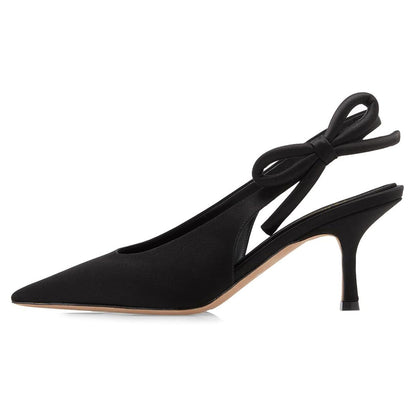 Elegant Bowknot Mid Stiletto Heel Black Slingback Pumps for Women