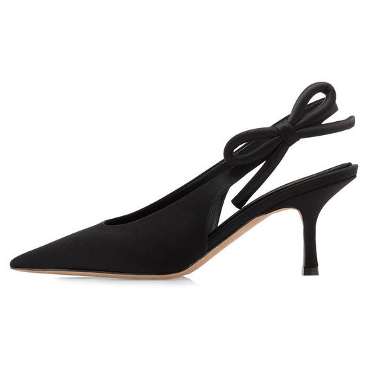 Elegant Bowknot Mid Stiletto Heel Black Slingback Pumps for Women