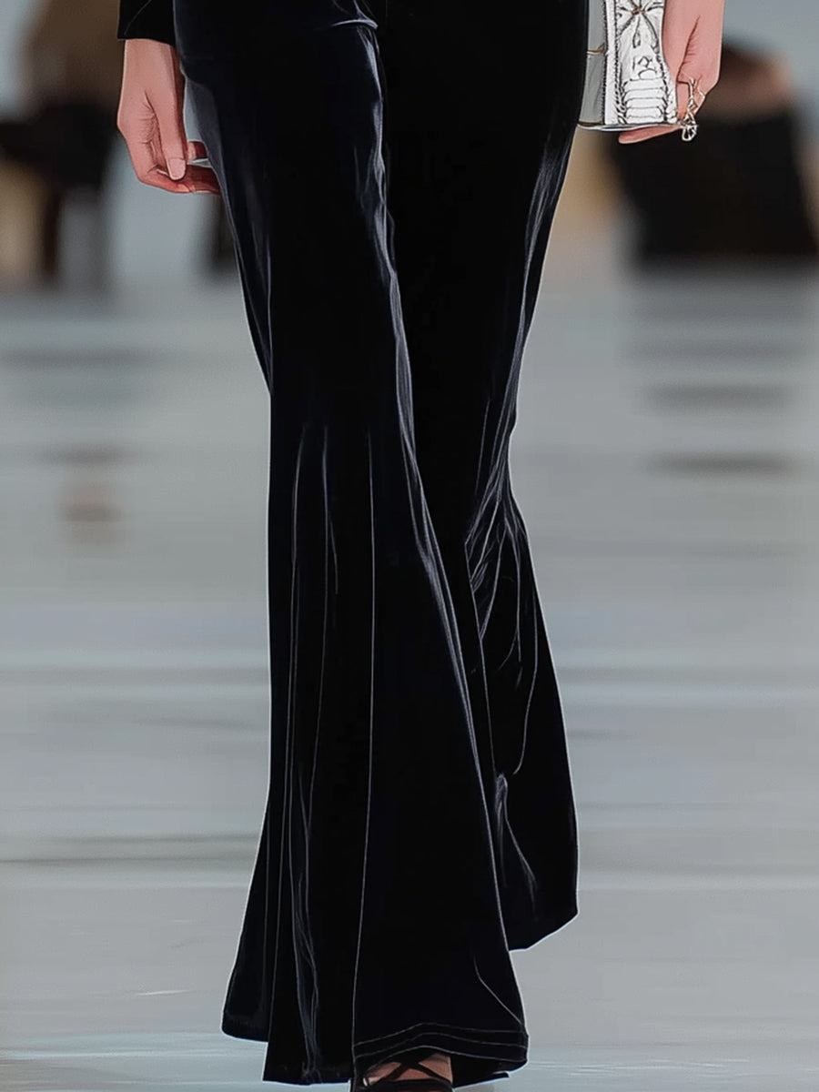 Elegant Black Velvet V-neck Flared Jumpsuit