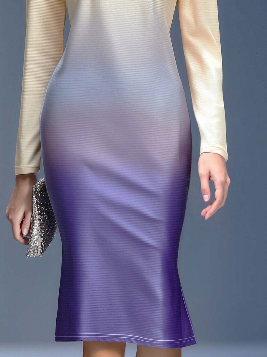 Elegant Three-dimensional Floral Decoration Beige And Purple Gradient Midi Dress