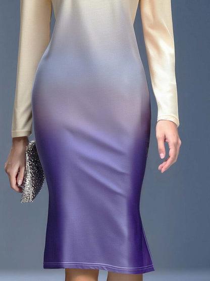 Elegant Three-dimensional Floral Decoration Beige And Purple Gradient Midi Dress