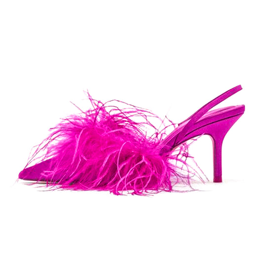 Fuchsia Evening Shoes Pointed Toe Feather Trim Slingback Heels