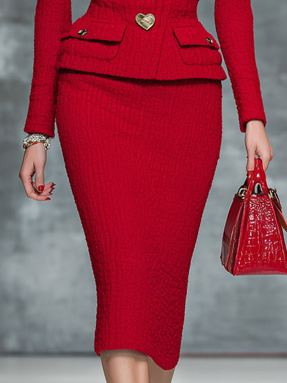 Elegant And Fashionable Heart Button Red Textured Top And Skirt Set