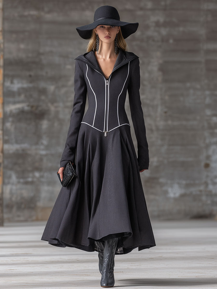 Fashion Retro Gray Zipper Maxi Dresses