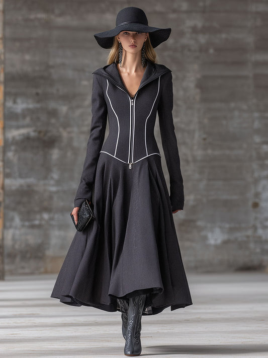 Fashion Retro Gray Zipper Maxi Dresses