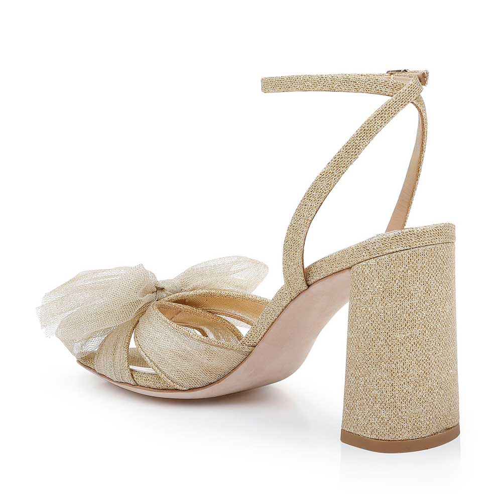 Full-Gold Fabric Bow Inlay Ankle Strap Block Heel Classy Sandals