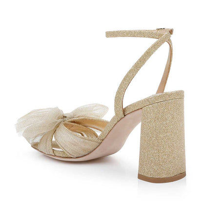 Full-Gold Fabric Bow Inlay Ankle Strap Block Heel Classy Sandals