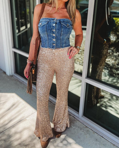 One Step Away Sequin Flare Pants