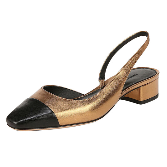 Gold & Black Patchwork Slip-On Slingback Heels with Square Toe