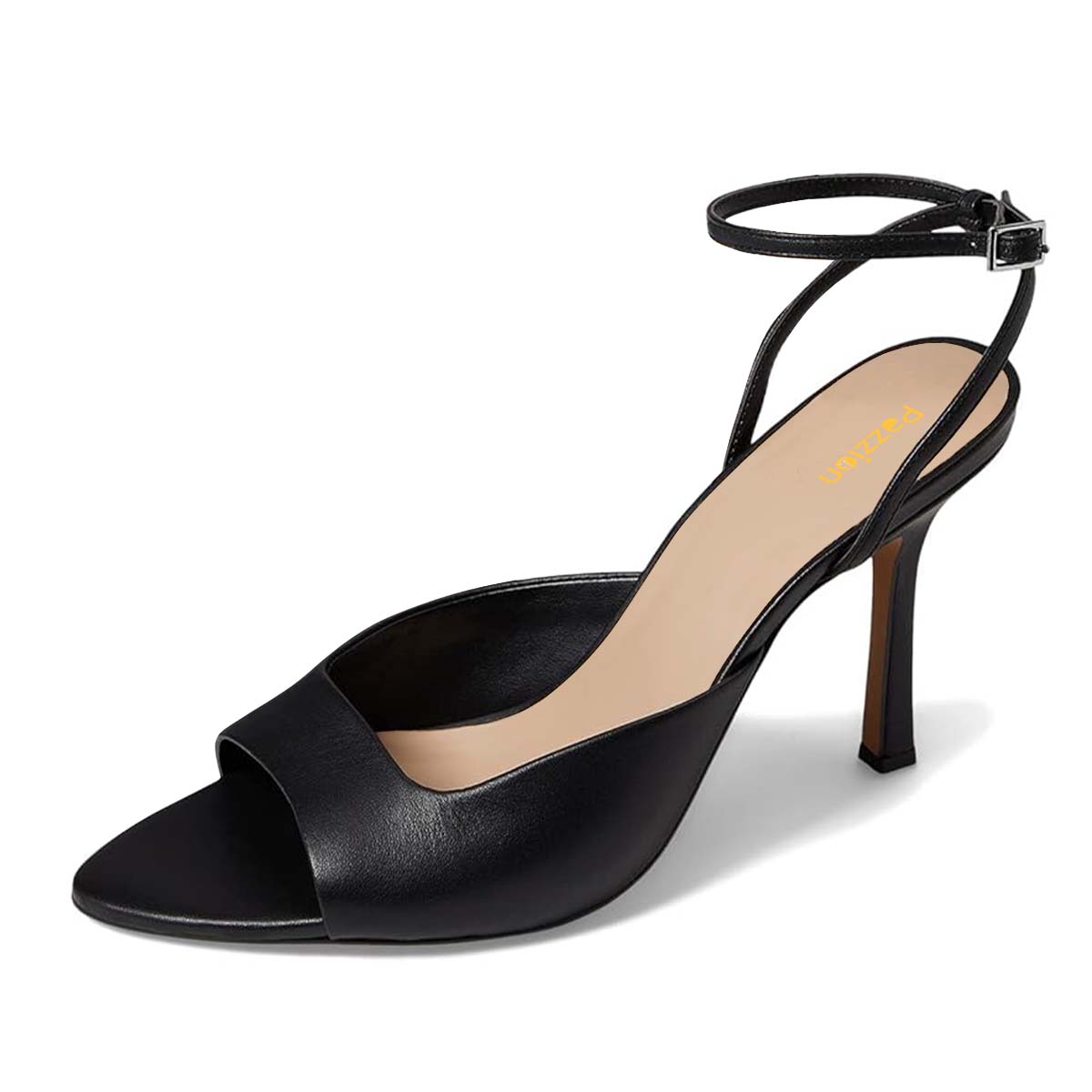 Faux Leather Open Toe Flared Heel Ankle Strap Black Sandals for Women