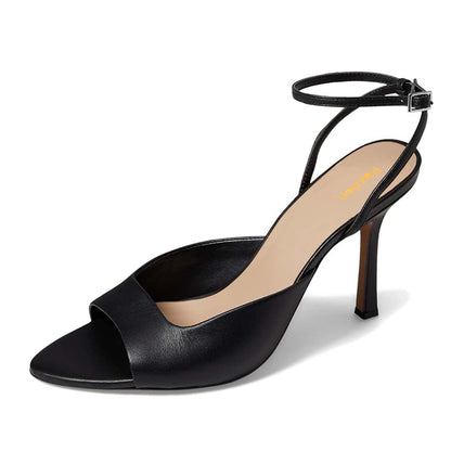 Faux Leather Open Toe Flared Heel Ankle Strap Black Sandals for Women