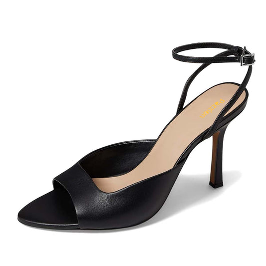 Faux Leather Open Toe Flared Heel Ankle Strap Black Sandals for Women