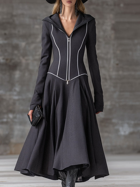 Fashion Retro Gray Zipper Maxi Dresses