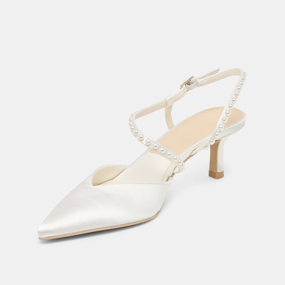 Elegant White Satin Pointed Toe Pearl Ankle Strap Wedding Heels