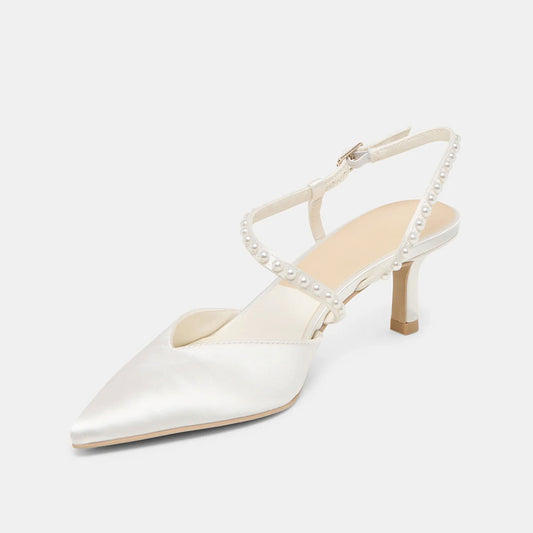 Elegant White Satin Pointed Toe Pearl Ankle Strap Wedding Heels