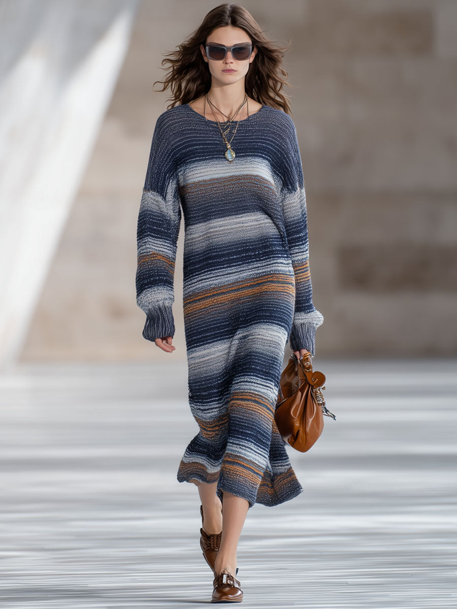 Fashion Retro Multicolor Knitted Striped Gradient Long-Sleeved Midi Dress