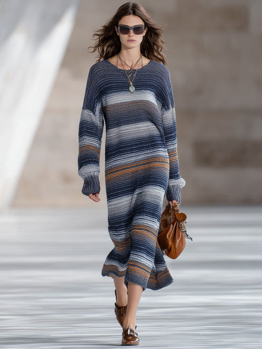 Fashion Retro Multicolor Knitted Striped Gradient Long-Sleeved Midi Dress