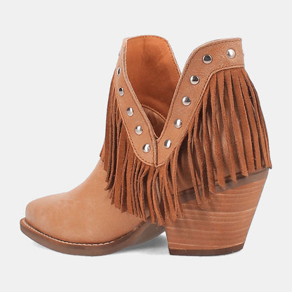 Fashion Brown Snip Toe Studded V-Cut Chunky Heel Fringe Booties