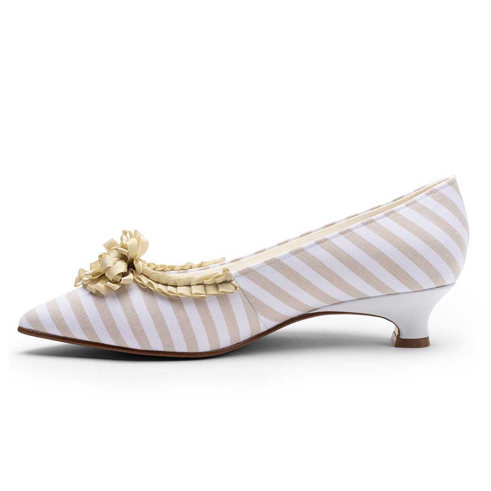 Beige & White Floral Pleated Trim Pumps for Women with Pointed Toe