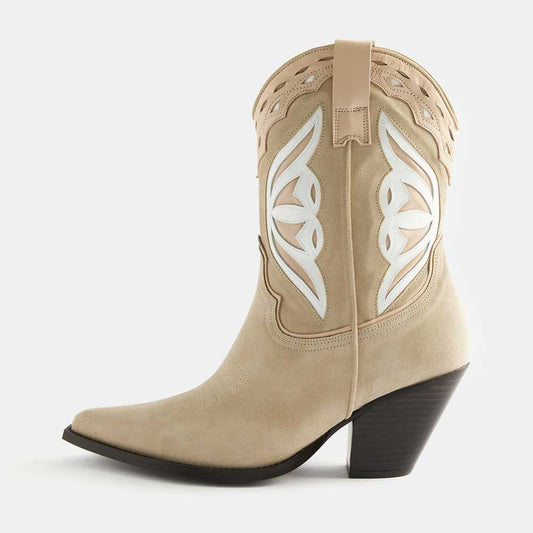 Beige Faux Suede Pointed Toe Chunky Heel Butterfly Cowgirl Boots
