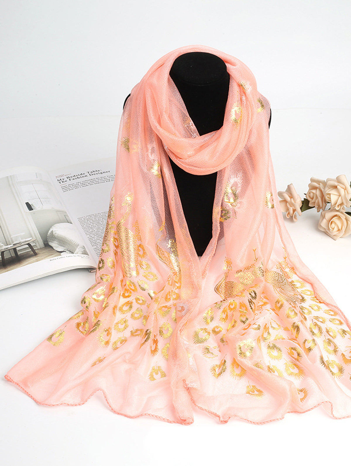 Elegant Plain Peacock Gold Stamping Lightweight Shawl