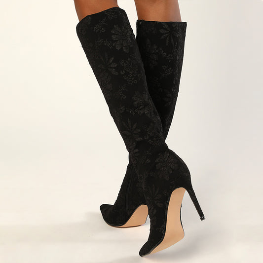 Elegant Black Floral Pattern Pointed Toe Stiletto Heel Tall Boots