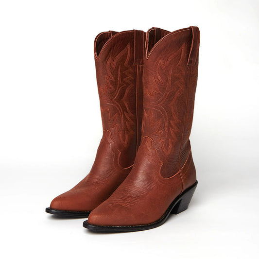 Embroidered Pointed Toe Block Heel Mid Calf Brown Western Boots