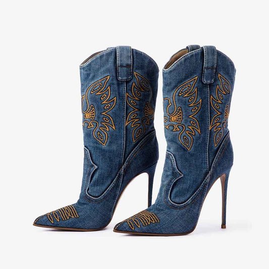 Denim Pointed Toe Stiletto Heel Embroidered Cowgirl Boots in Blue