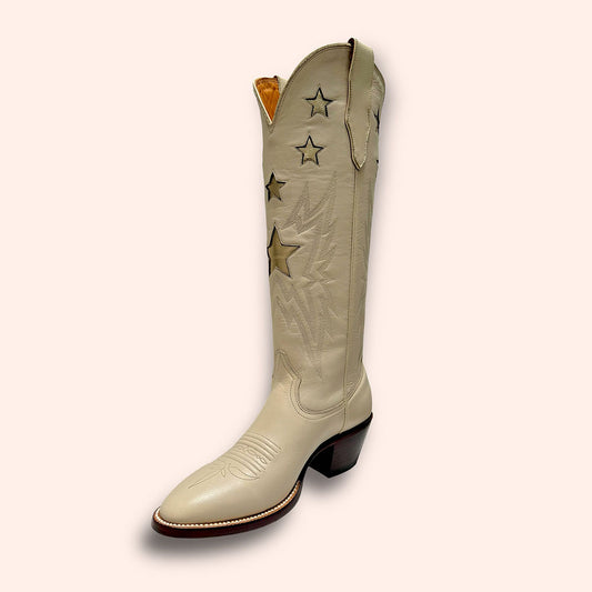 Beige Stars Embroidered Round Toe Chunky Heel Knee-High Cowgirl Boots