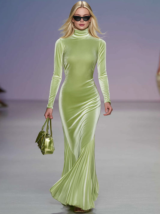 Elegant And Graceful Grass Green High-neck Velvet Skirt Pleated Maxi Dress