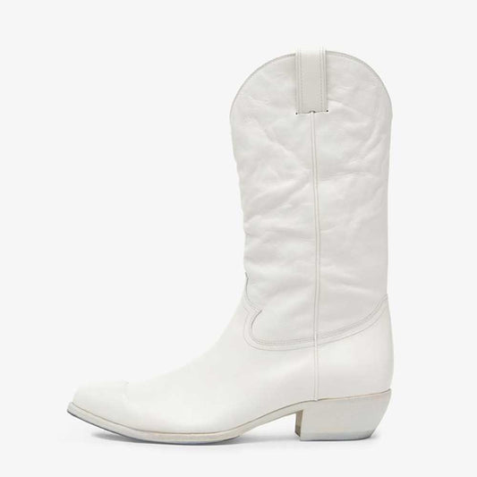 Elegant White Low Chunky Heel Round Toe Mid-Calf Cowgirl Boots