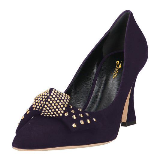 Dark Purple Studded Bow Pointed Toe Chunky Heel Pumps Shoes