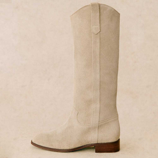 Beige Square Toe Chunky Heel Mid-Calf Cowgirl Boots with Side Loop