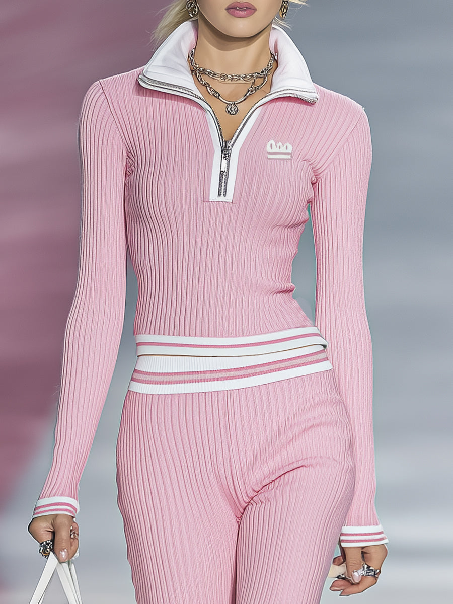 Fashionable Sports Pink Half-zip Top And Pants Set