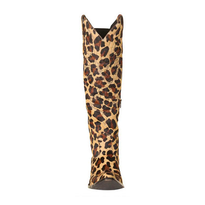 Embroidered Calf Hair Cheetah Pattern Brown Western Boots for Women