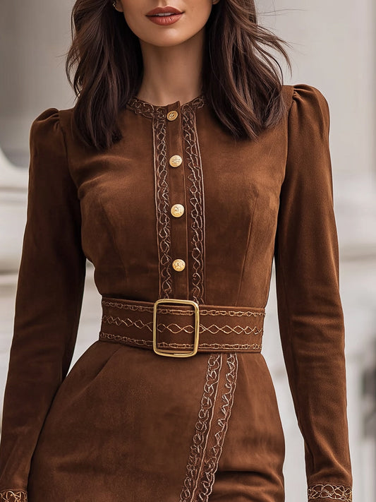 Faux Suede Embroidered Belted Mini Dress