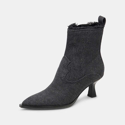 Denim Black Pointed Side-Zip Ankle Boots for Women