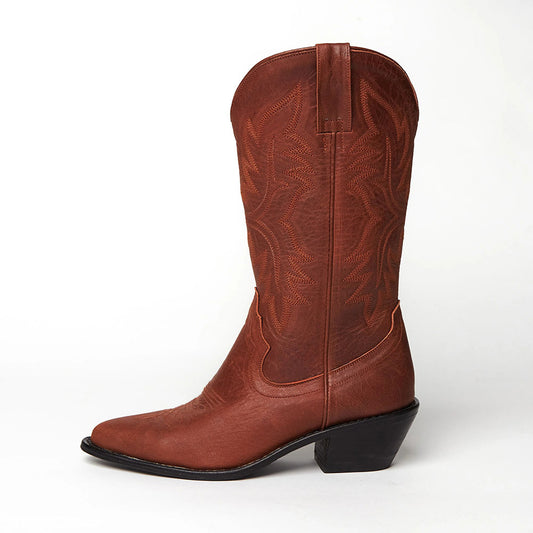 Embroidered Pointed Toe Block Heel Mid Calf Brown Western Boots