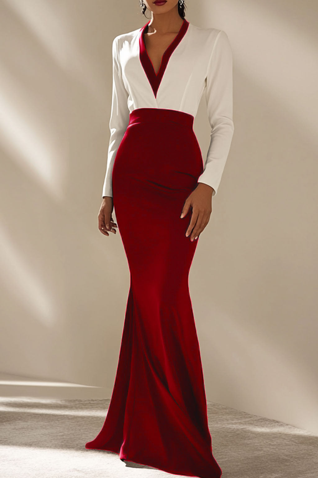Elegant Formal Dress Black White Color-block V Neck Long Sleeve Maxi Dress