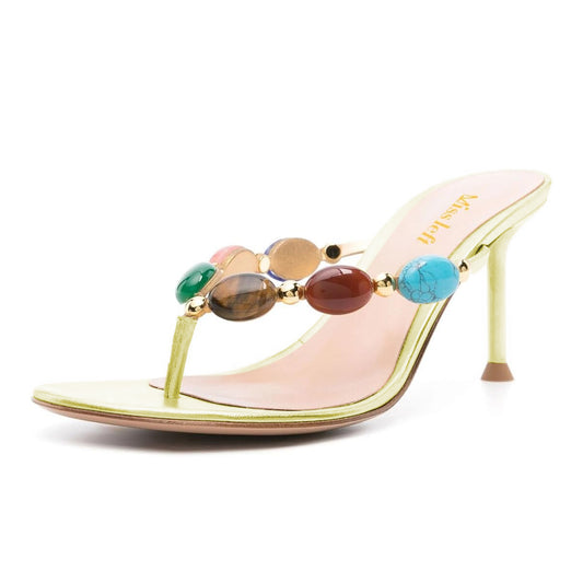 Faux Leather Round Toe Metallic Yellow Women's Heel Sandals