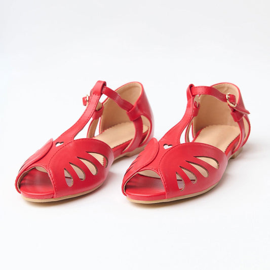 Faux Leather Peep Toe Buckle Hollow-Out Red Flat Sandals for Women