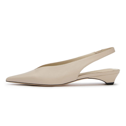 Beige Vegan Leather Pointed Toe Kitten Heel Slingback Pumps Shoes