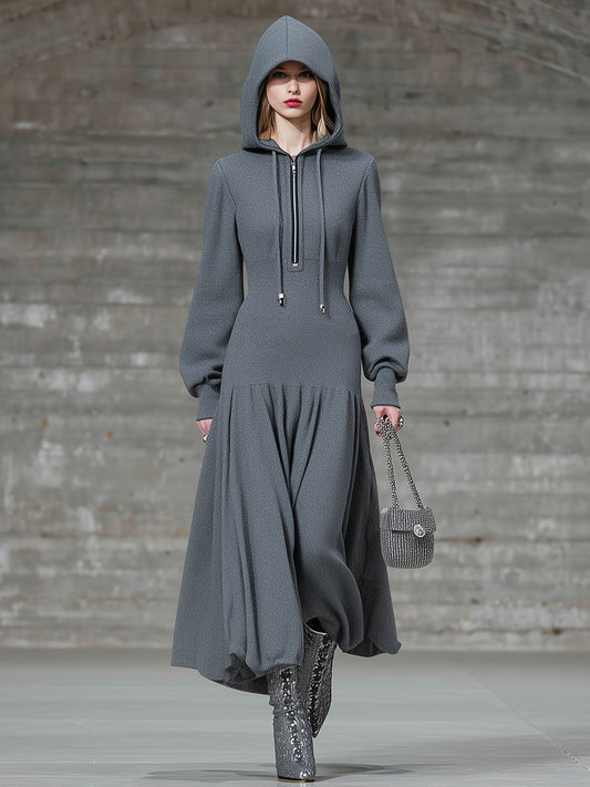 Fashion Loose Gray Safety Pin Hooded Zipper Midi Dress