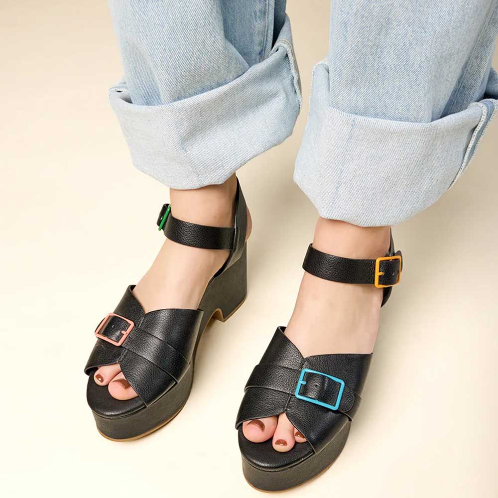 Ankle Strap Buckle Open Toe Block Heel Black Platform Sandals