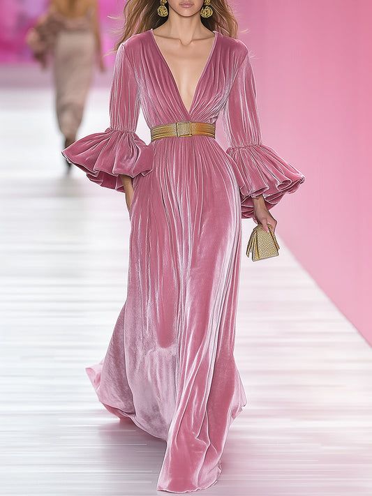 Elegant And Gorgeous Pink V-neck Velvet Long-sleeved Maxi Dress