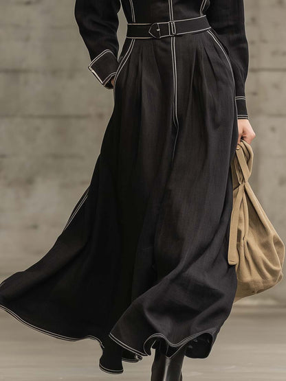 Exquisite Casual Western V-neck White Piping Black Cotton And Linen Windbreaker Style Maxi Dress