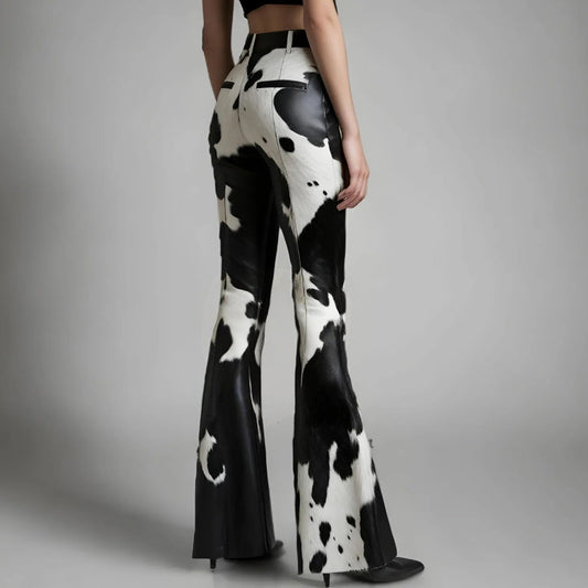 Fashion High Rise Cow Print Flare Pants