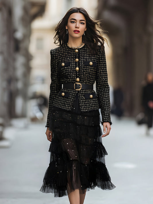 Elegant Weed Belted Jacket With Gold-Tone Buttons & Layered Tulle Skirt